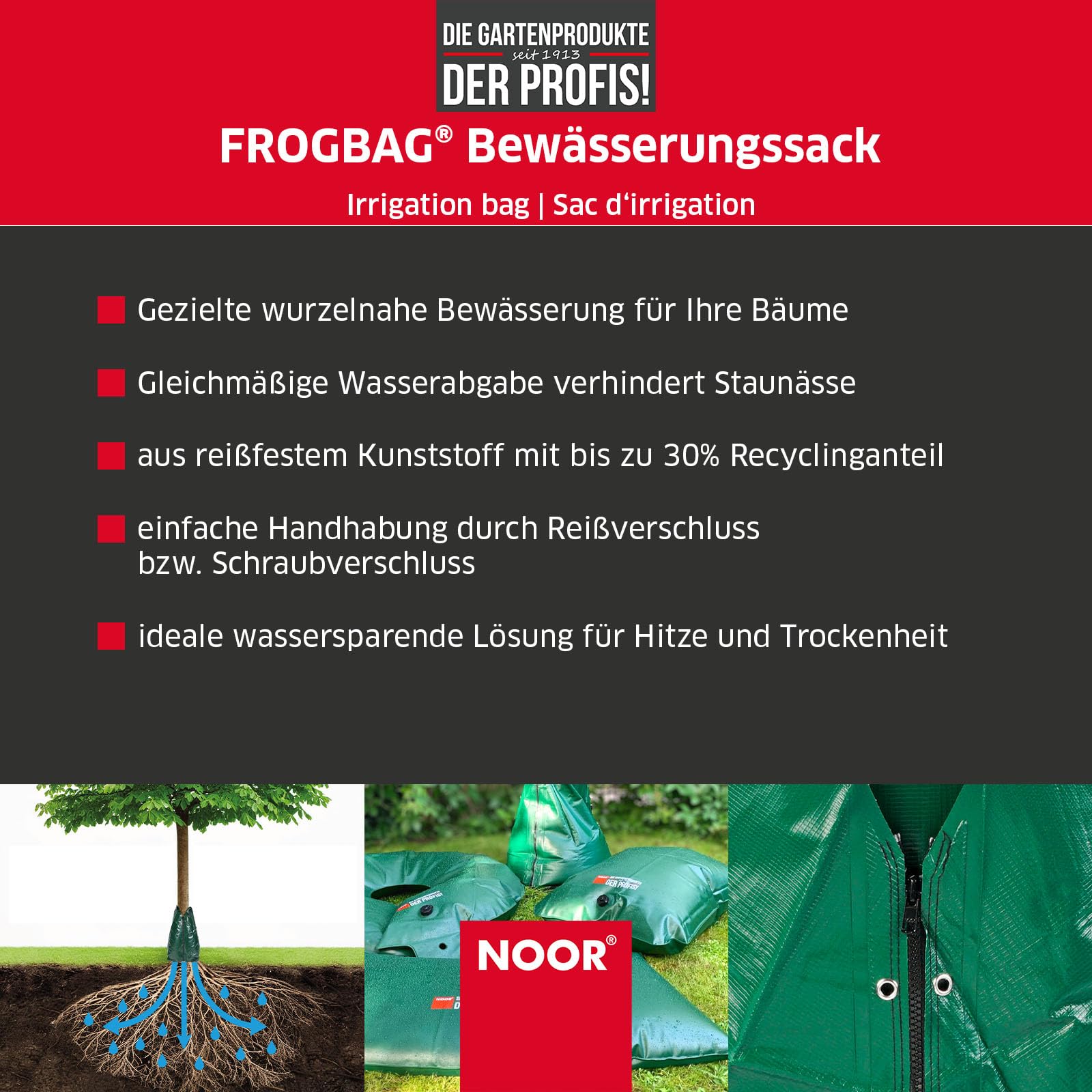 NOOR Bewässerungssack FROGBAG - 75 L Bewässerungsbeutel | robuster Wassersack 90x52x84 cm - Baumbeutel aus reißfestem PE-Gewebe 200 g/m² - langzeit Tröpfchenbewässerung für Bäume