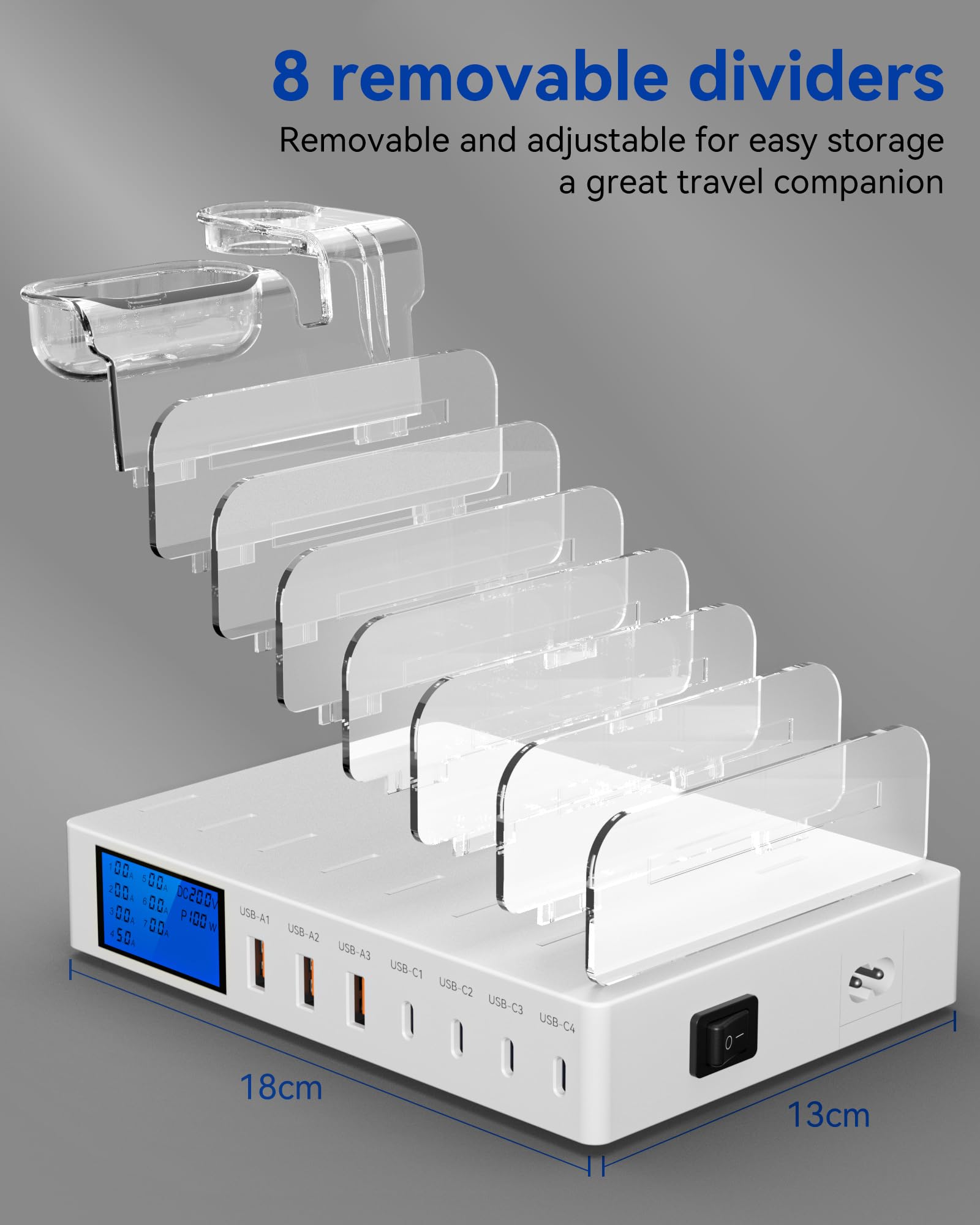 Stazione di Ricarica da 245W, 7 Porte Dispositivi Multipla USB, con schermo LCD Stazione Ricarica Cellulari per iPhone, Tablet e Altri Dispositivi Elettronici - bianco（Con 7 Cavi）