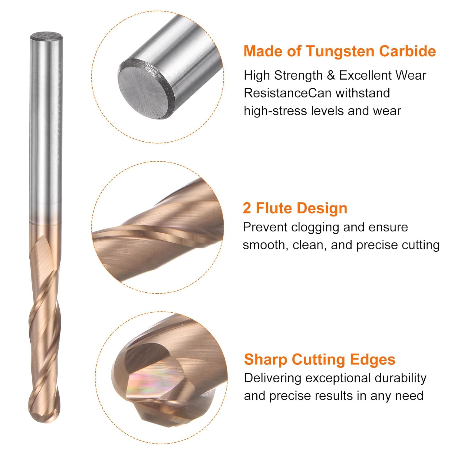 HARFINGTON Ball Nose End Mill 2 Flute 1/4" Diameter 1/4" Shank Tungsten Carbide Spiral CNC Router Bits 1-1/4" Cutting Length Single End Ball Cutting Tool for Carving Engraving Grinding