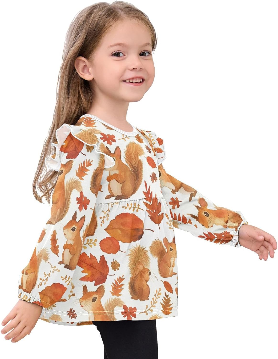 visesunny Toddler Clothes for Girls Maple Leaf Squirrel Long Sleeve Fall Shirts Cotton Top with Ruffle Collar