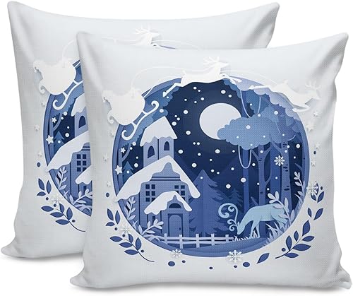 Paquete de 2 fundas de almohada de algodón, fundas de almohada cuadradas suaves de invierno con hojas de árbol de casa azul, fundas de almohada