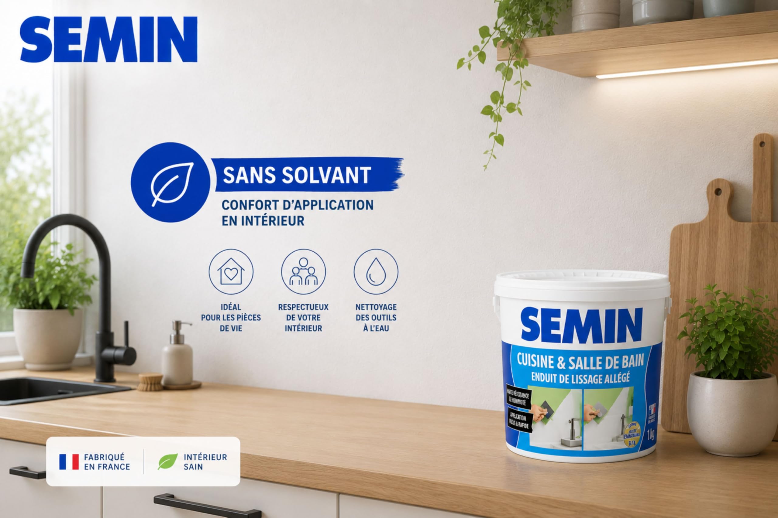SEMIN Kit Lissage Salle de Bain & Cuisine – Enduit Hydro Pièces Humides 1 kg + Lame CE 78 15 cm + Raclette à Lisser – Prêt à l’Emploi – Finition Murale Avant Peinture- Cuisine & Salle de bain