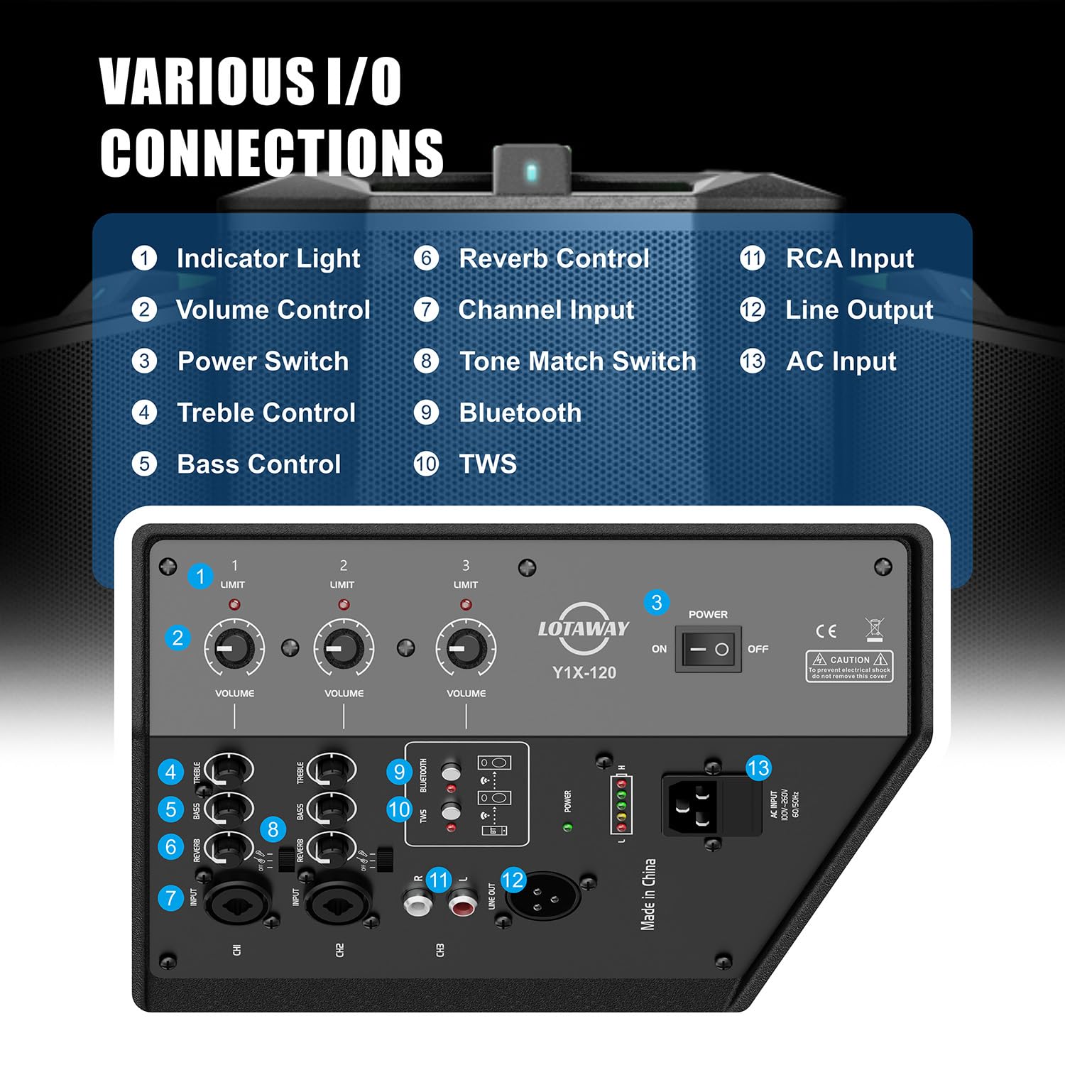 LOTAWAY Y1X-120 240W All-in-one Battery Powered Speaker Professional Portable PA System with Bluetooth Wireless Outdoor/Indoor Rechargeable DJ Speakers with Subwoofer for Busker,Guitarist,Party,Events