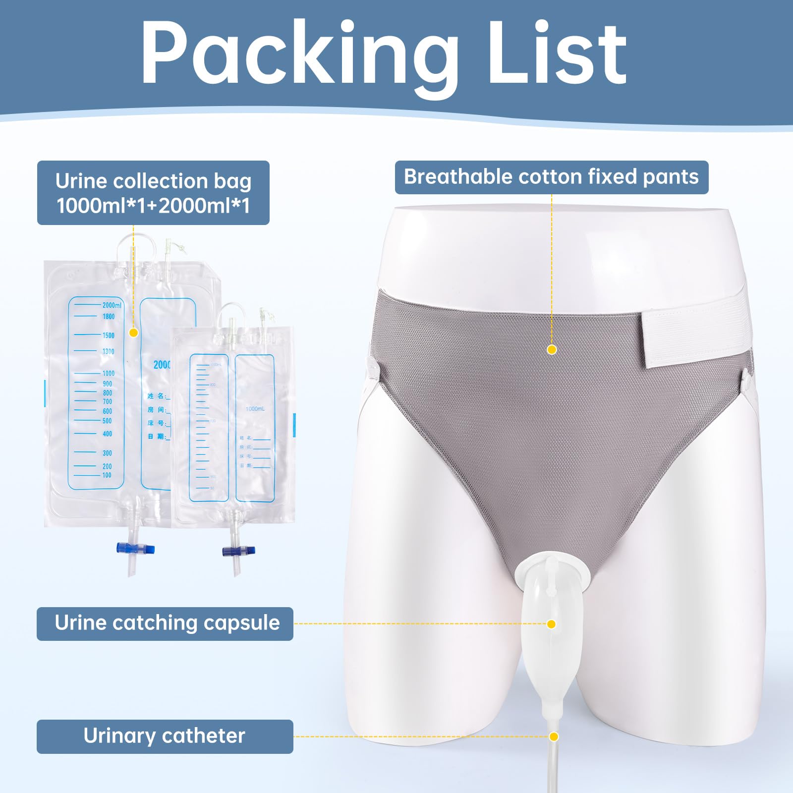 Bolsa de orinal portátil para adultos, urinarios portátiles para hombres, bolsa de orina masculina reutilizable, orinario de ancianos con bolsas de orina (2000 ml x 1 + 1000 ml) para