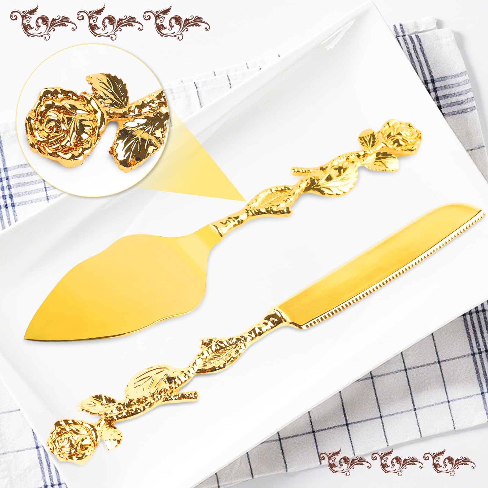 Gold Rose Cake Knife & Server Set - Vintage Wedding -3