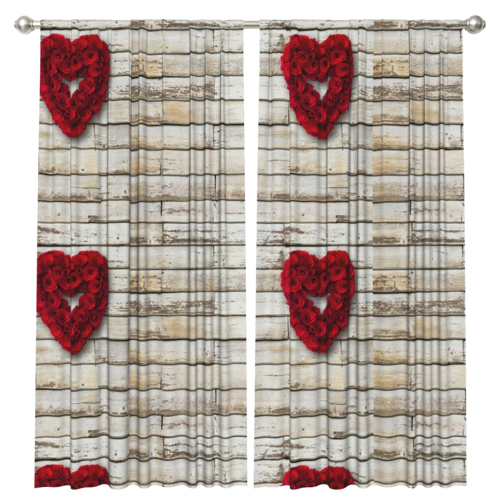 InOmak Red Heart-Shaped Roses Printed, 2 Panels Window Curtains 52 x 84 Inch Blackout Curtains for Living Room Bedroom