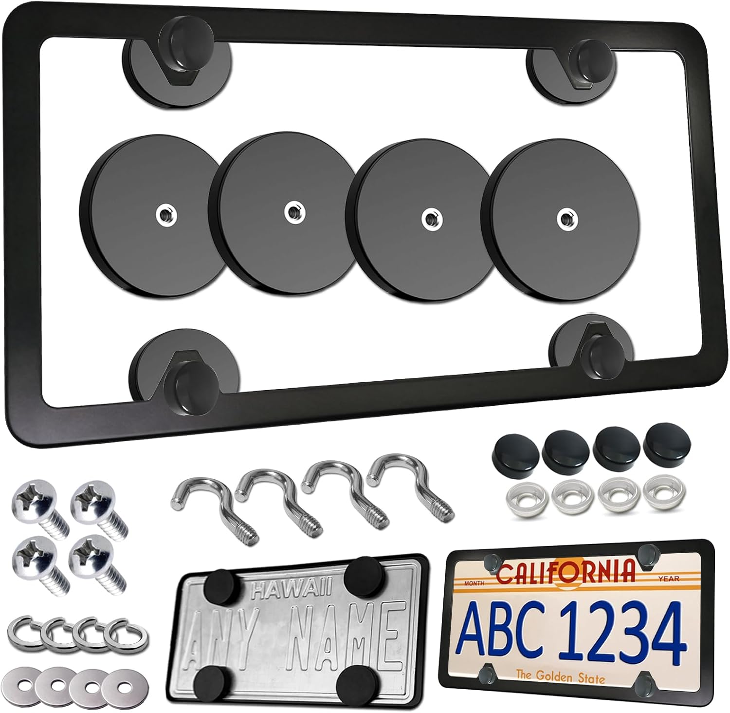 Magnetic License Plate Holder - Heavy Duty Neodymium Magnets with Rubber Coating, Black Aluminum Frame for No Drill Temporary Tags on Metal Car Bumpers