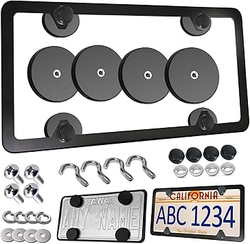 Magnetic License Plate Holder - Heavy Duty Neodymium Magnets with Rubber Coating, Black Aluminum Frame for No Drill Temporary Tags on Metal Car Bumpers
