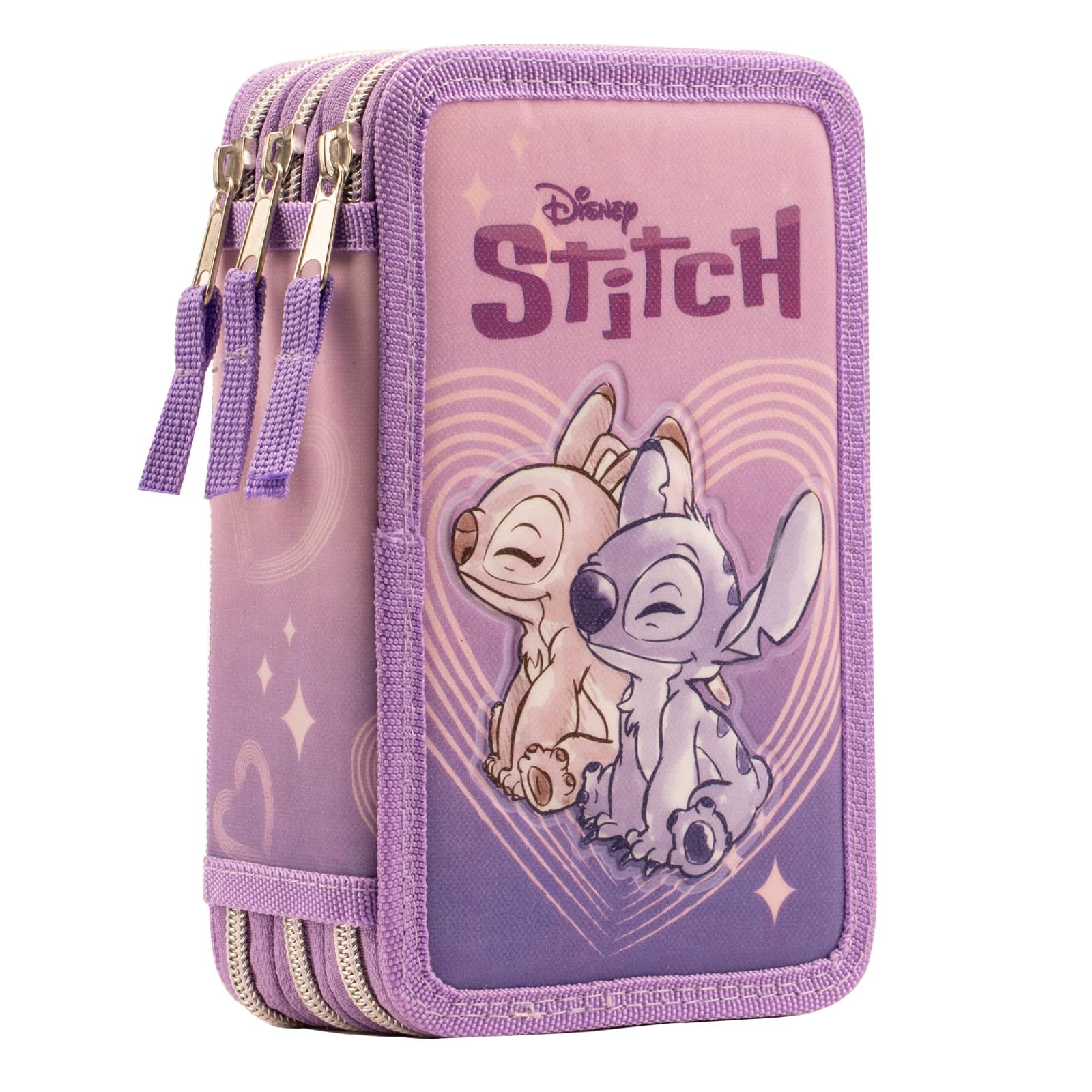 LEIVESTE - Estuche de 3 compartimentos, estuche escolar con 3 cremalleras, con lápices, rotuladores, etc. - Estuche escolar para niña y niño, multicolor, STITCH VIOLA