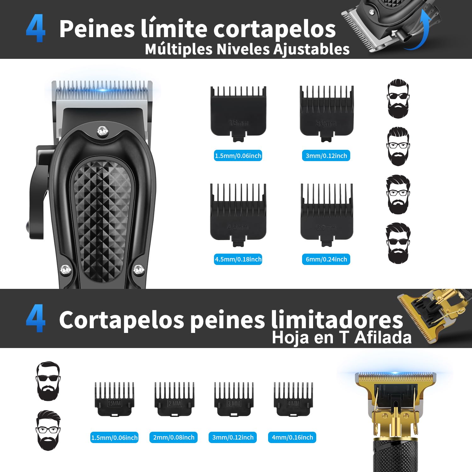 HIENA PRO Maquina de Cortar Pelo Inalámbrico Cortapelos Recortador de Barba Kit Completo 3 Piezas