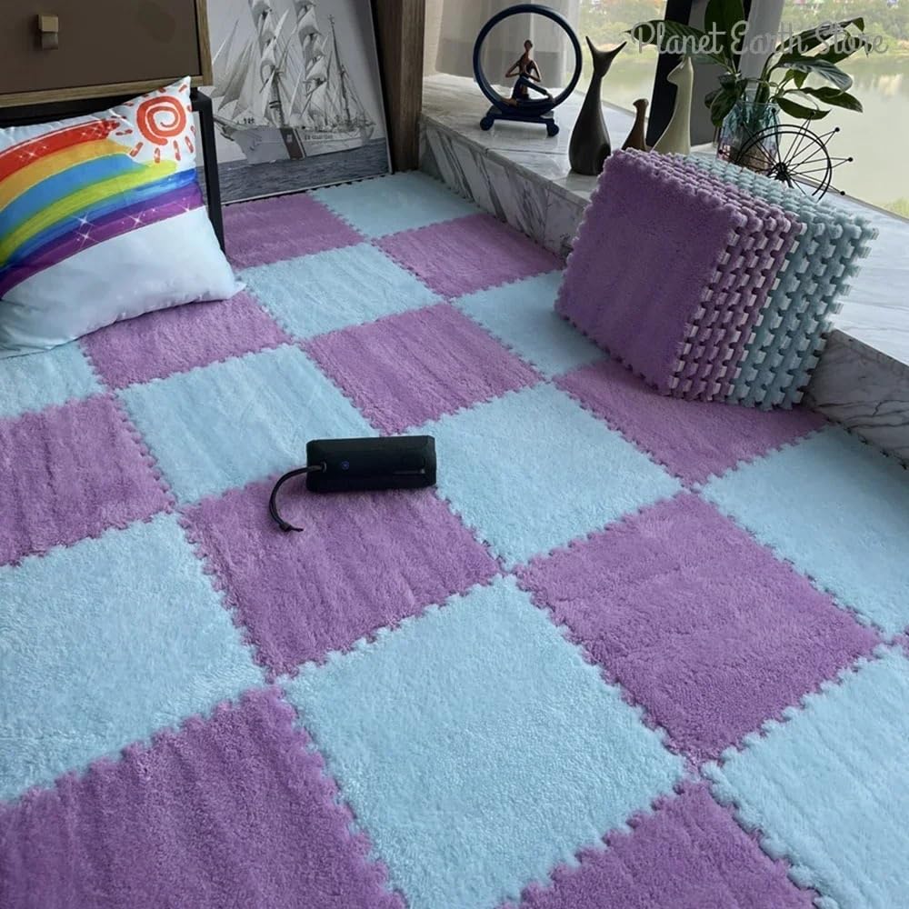 30CM Miękka Pluszowa Mata EVA Piankowa Puzzle, Mata Dywanowa Długie Włosy Dywan Puzzle, Interlock Keep Warm Playmat(Grey,20pc)