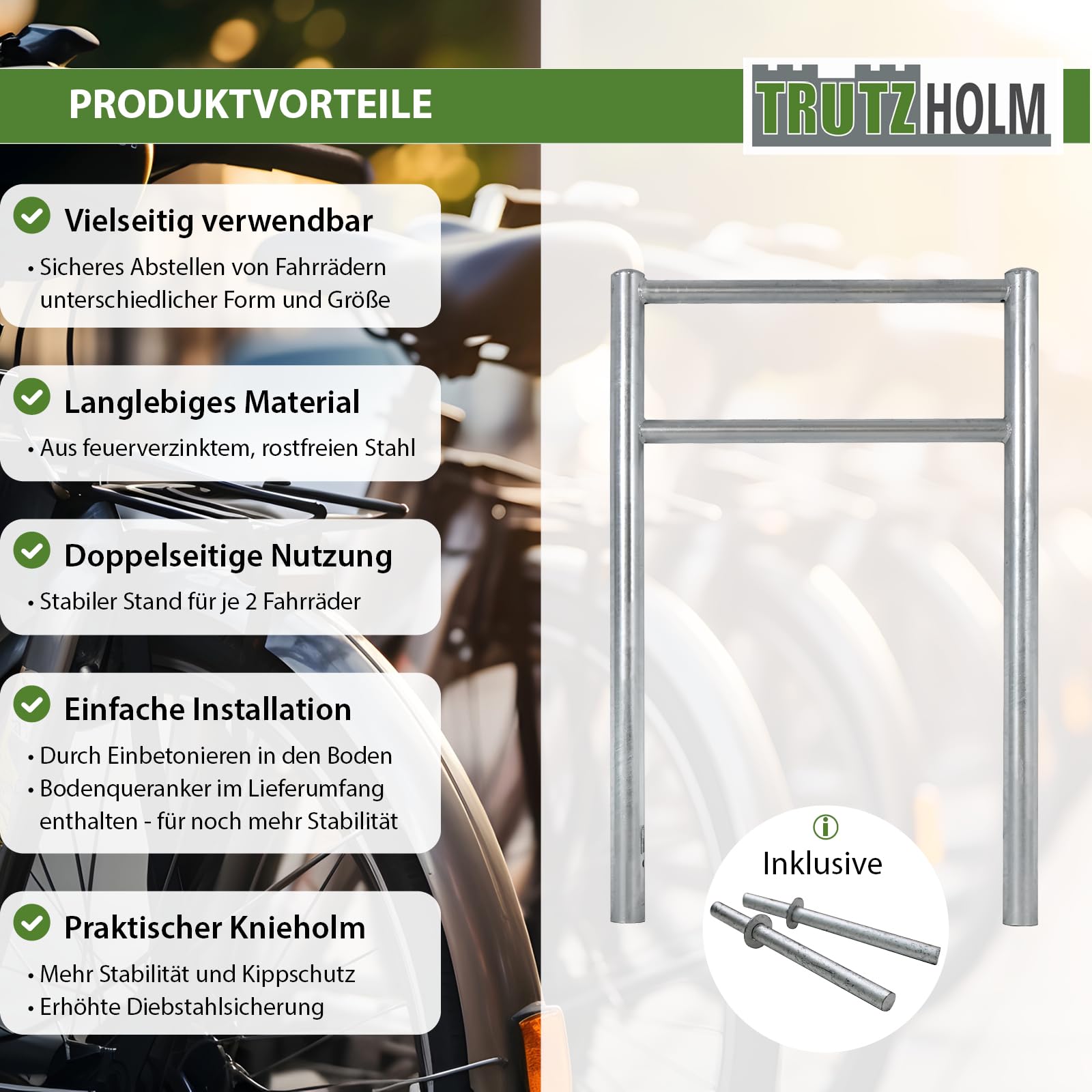 TRUTZHOLM 5x Fahrradanlehnbügel mit Knieholm 115x75 cm Stahl feuerverzinkt Ø 60 mm Anlehnbügel zum Einbetonieren Fahrradbügel Fahrradständer Parker Diebstahlsicherung Fahrrad Anlehner