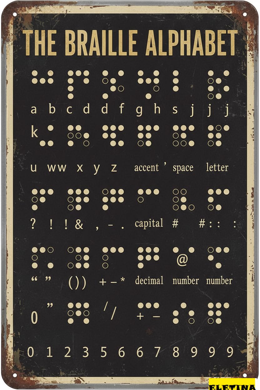 Vintage Metal Tin Sign Braille Knowledge S The Braille Alphabet Reading Posters Braille Study Guide Plaques Classrooms Office Room Wall Decor Gift Women Men 8x12 Inch
