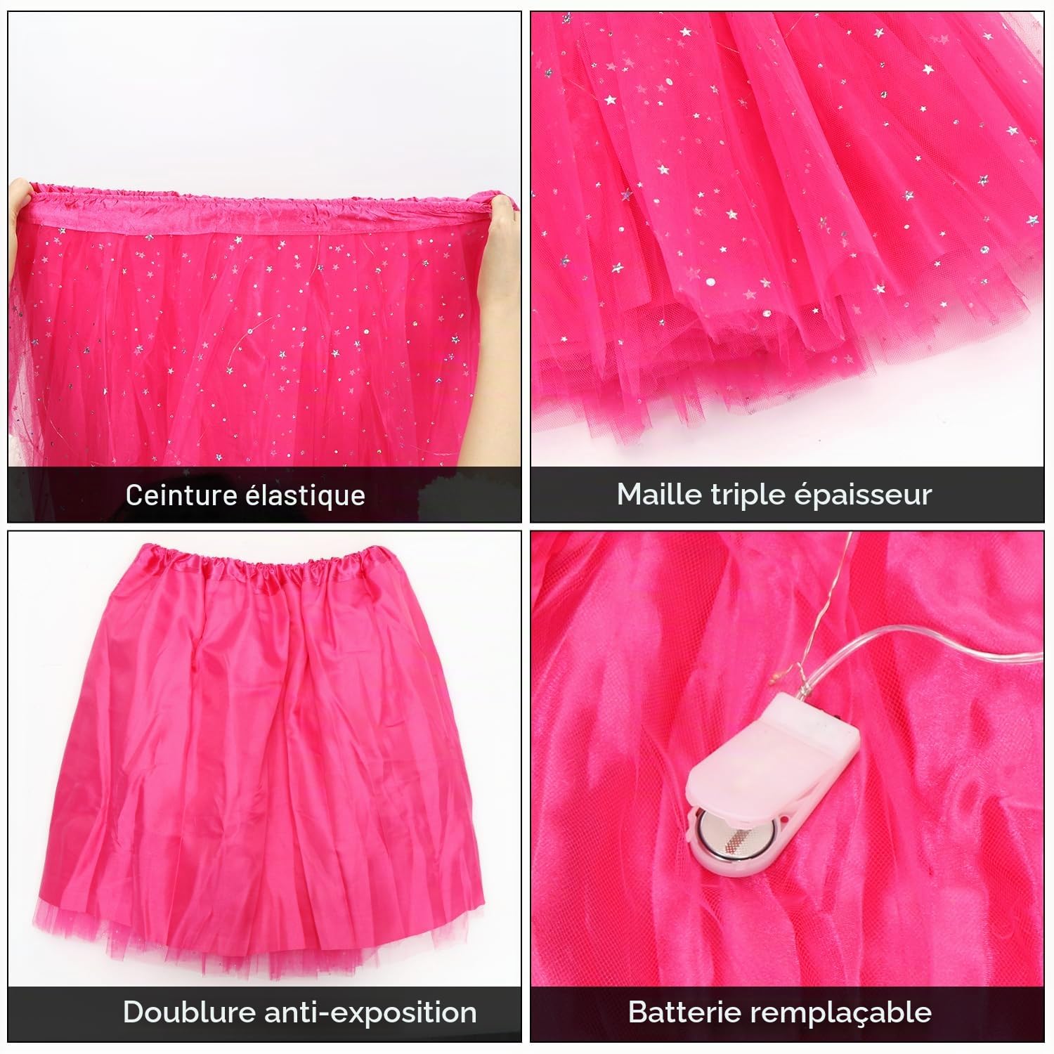 Wishstar Jupe en Tulle pour Femmes, Robe Danse à Paillettes étoilées, Mini-Jupe Extensible avec Lumières LED, Jupe Tutu 45cm pour Adultes, Robe de Danse pour Adolescentes Carnaval Ballet