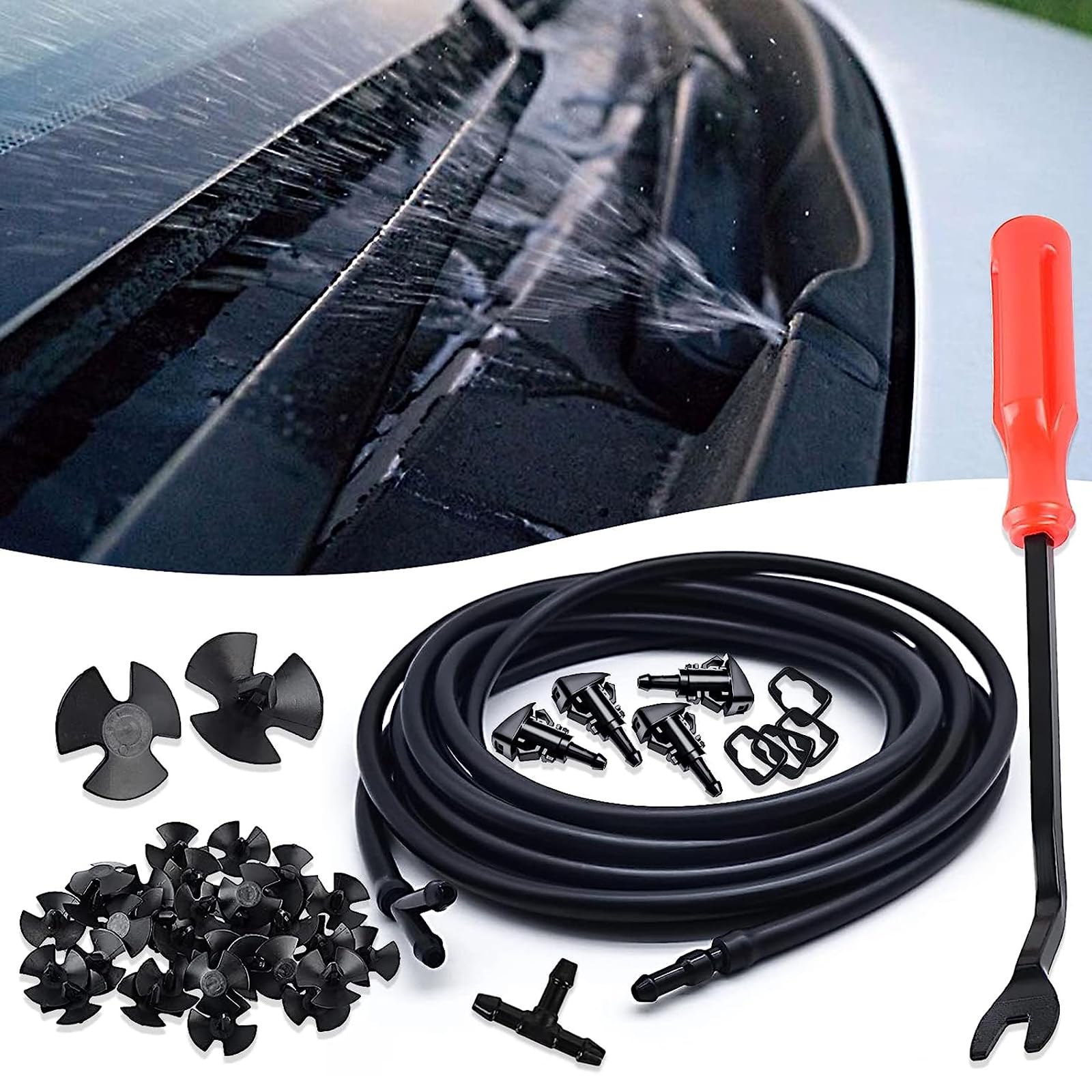 gunhunt 42 PCS Front Windshield Washer Nozzle Kit, 78.7"/2M Black Windshield Washer Fluid Hose Compatible with Chrysler Dodge Jeep Ram (2M Hose, 4 Hozzles, 4 Washers, 3 Connectors, 30 Retainers)