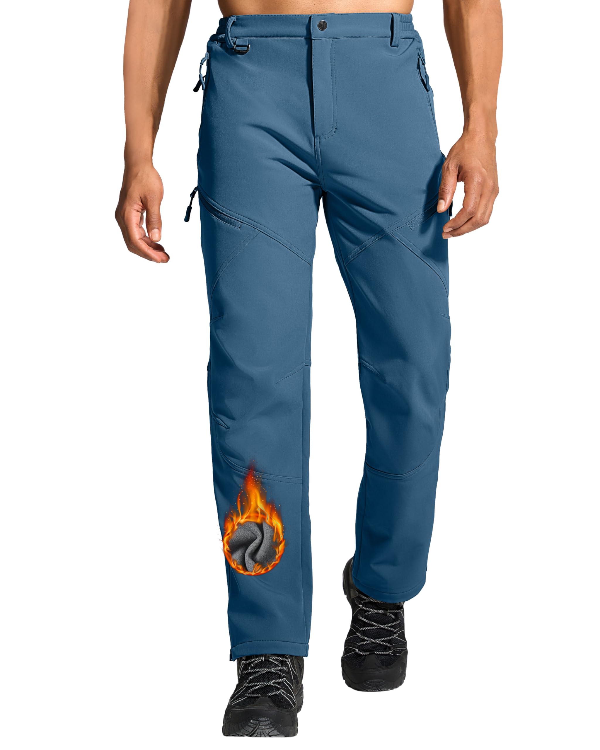 Mens Snow Ski Hiking Pants Winter Fleece Lined Outdoor Waterproof Insulated Zipper Bottom Leg