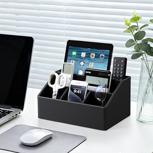 Miniatura 5 de Soporte de control remoto con 5 compartimentos para suministros de arte de oficina, organizador de mesita de noche de piel sintética, organizador de