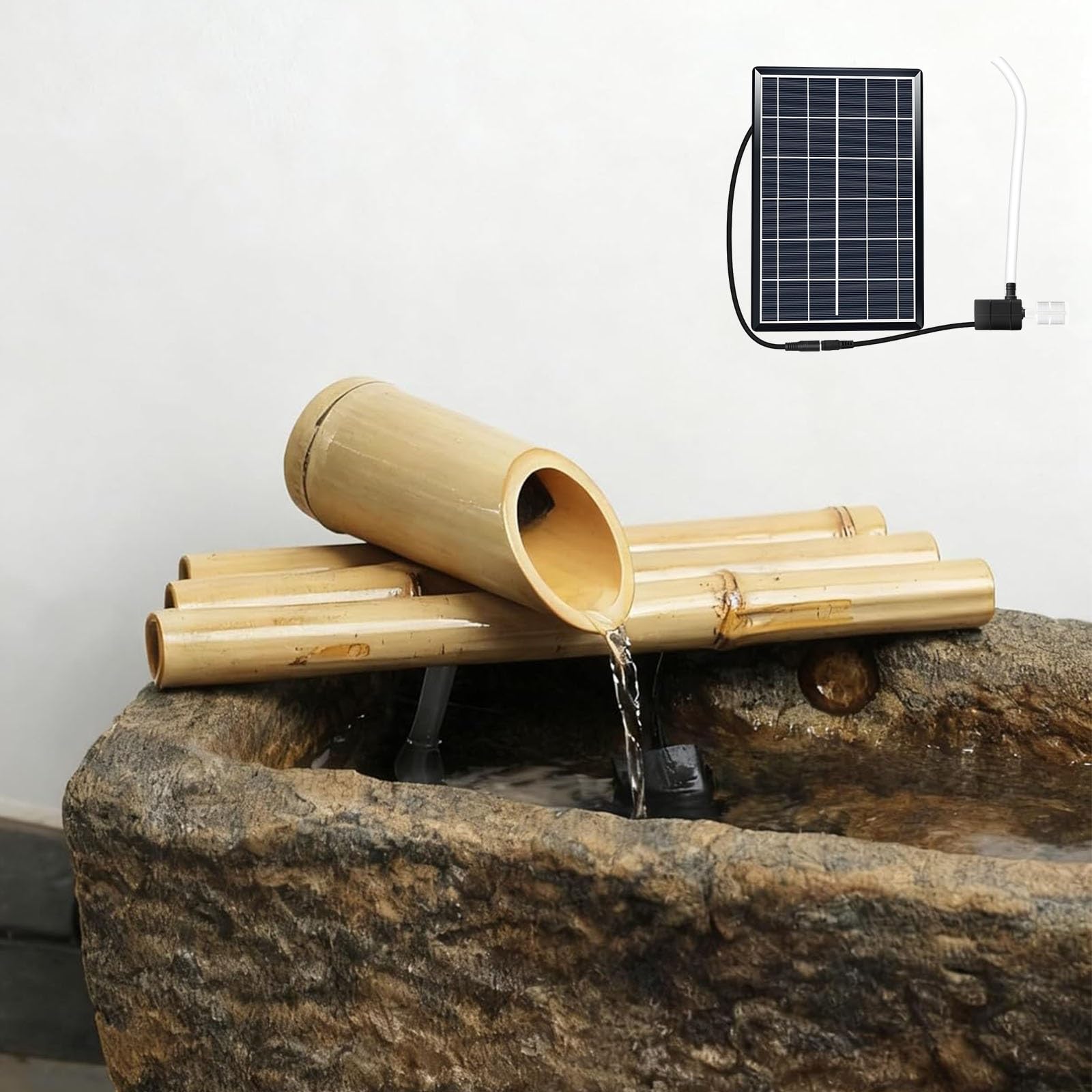 Solar Bamboo Fountain Kit, Bamboo Traditional Japanese Rocking Water Fountain with Pump, Handcrafted Zen Bamboo Fountain for Garden Patio Backyard Pond(35cm)