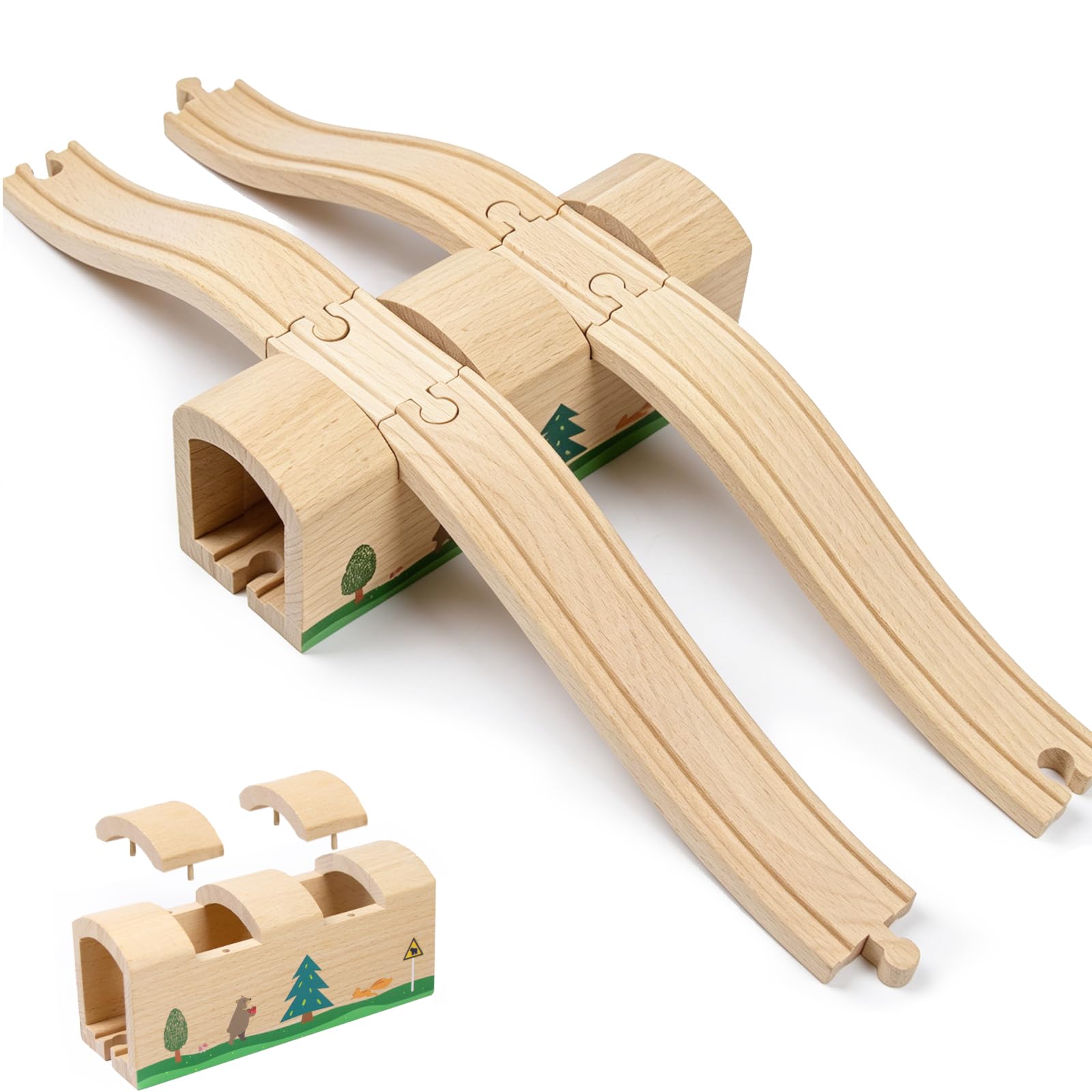 Ensemble tunnel et pont en bois avec rails en S, accessoires de pont de chemin de fer en bois, compatible avec les principales marques de chemins de fer, jouets pour enfants à partir de 3 ans (animaux