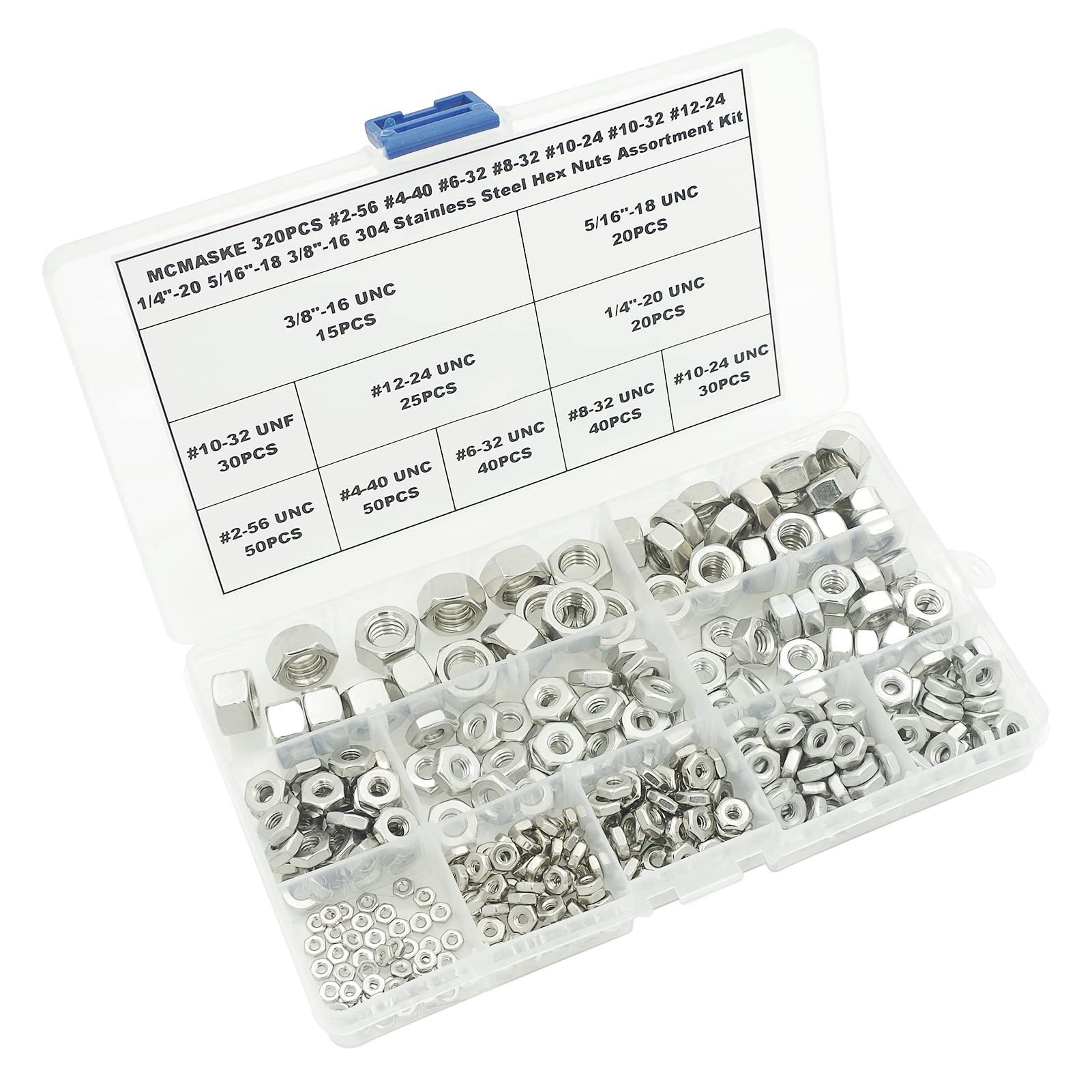#2-56#4-40#6-32#8-32#10-24#10-32#12-24 1/4 Zoll-20 5/16 Zoll-18 3/8 Zoll-16 304 Edelstahl Sechskantmuttern Sortiment Kit