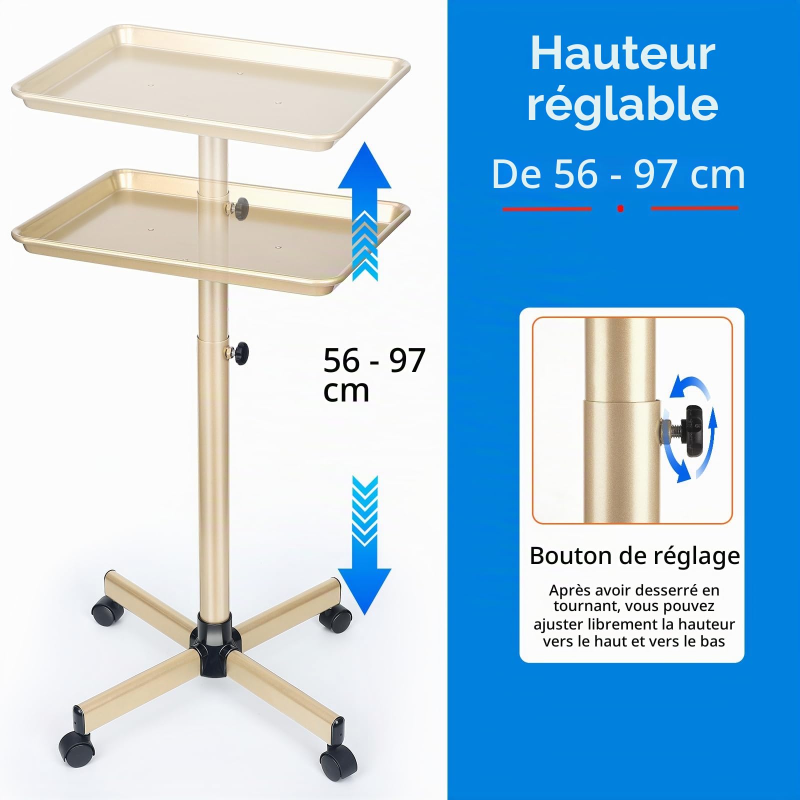 Plateau à roulettes pour salon de coiffeur avec hauteur réglable pour salon et spa, plateau de tatouage et plateau dentaire