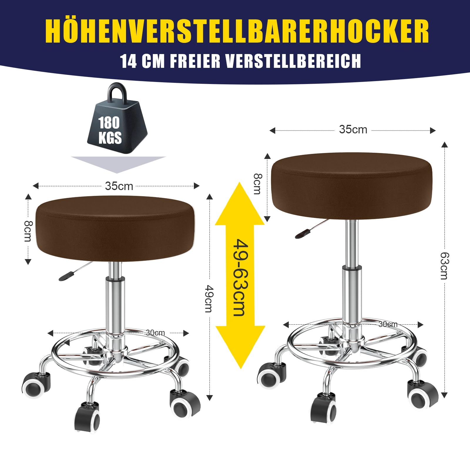 Kruk, in hoogte verstelbaar, 43-57 cm, rolkruk met voetensteun voor ontspanning van het lichaam, compact, comfortabel en licht, PU lederen kruk met wielen, draaikruk, werkkruk, kapperskruk, bureaukruk