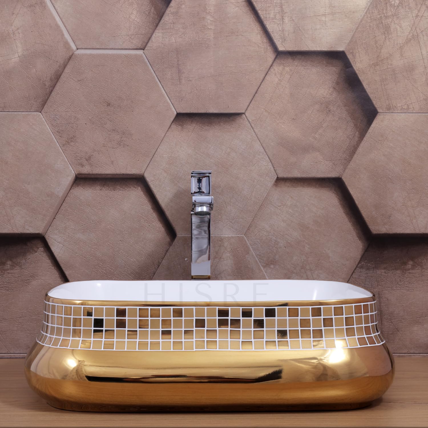 HISRE Table Top Wash Basin For Bathroom | Over Counter Top Wash Basin For Living Room | Washbasin Countertop | Tabletop Ceramic Bathroom Kitchen Sink (18 x 14 x 5.5 Inch) (SKTHI3501), photo 4 of 5