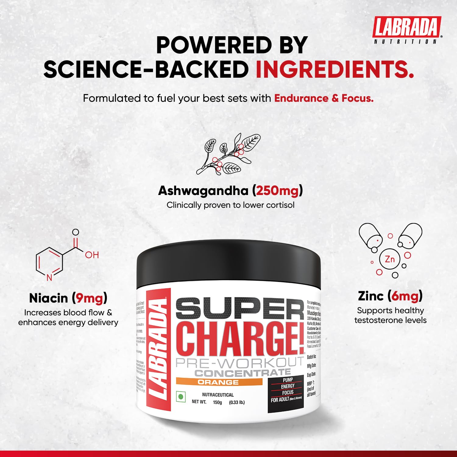 Labrada Super Charge Pre Workout Supplement for Men & Women | Energy, Focus & Muscle Pump Support | Orange Flavour | 150g — Amazon image 2