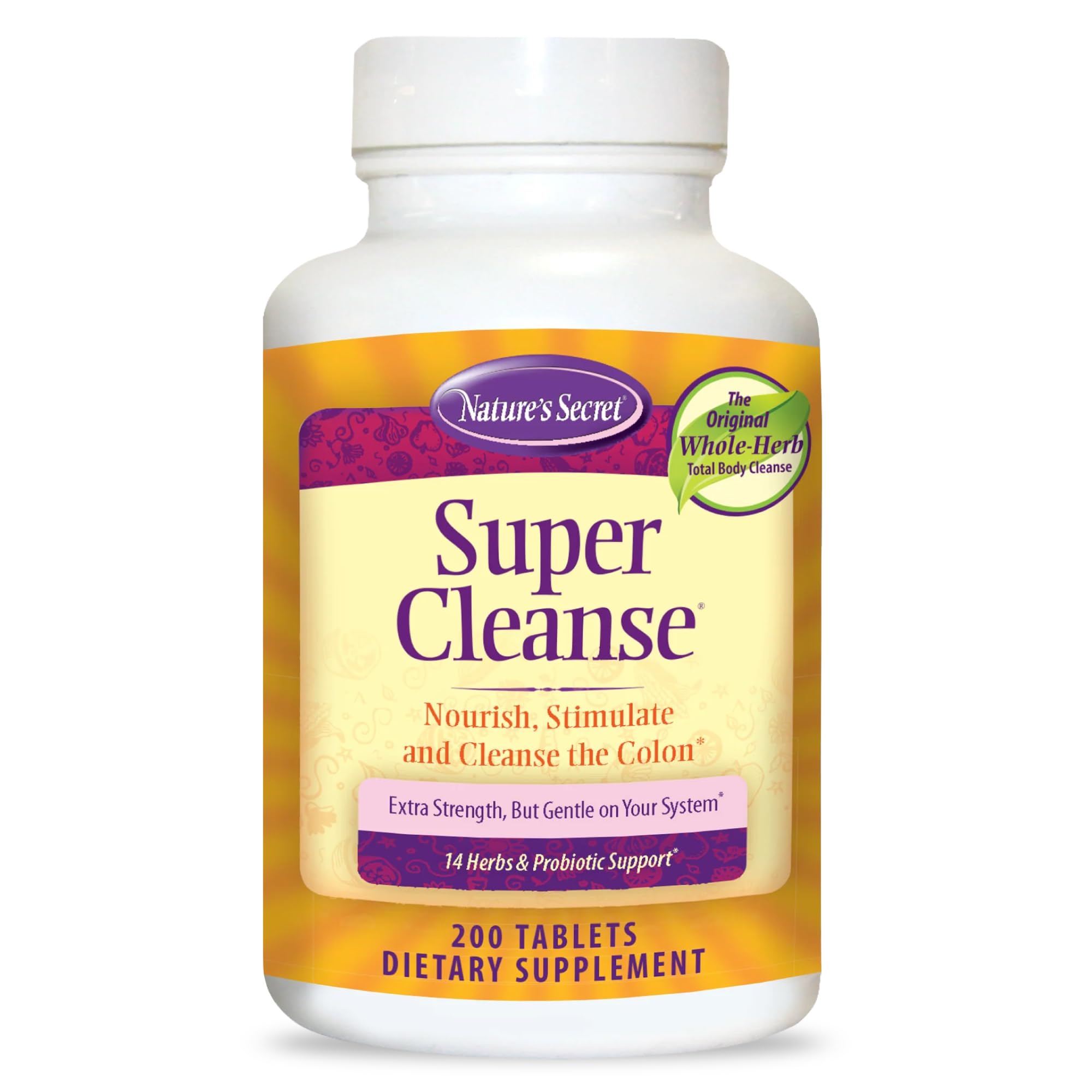 Nature's Secret Super Cleanse Extra Strength Toxin Detox & Gentle Elimination Total Body Cleanse, Digestive & Colon Health Support - Stimulating Blend Of 14 Herbs With Probiotics - 200 Tablets