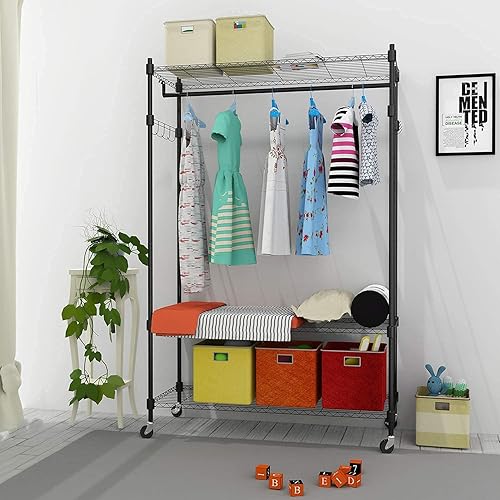 Vista 2 de BATHWA Perchero de ropa con ruedas y estante de alambre ajustable, perchero de 3 niveles que incluye 1 barra para colgar ropa, 1 gancho giratorio