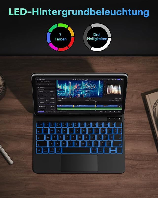 OMOTON iPad Air 11 Billentyűzet Tok Trackpad-dal, QWERTZ Bluetooth Billentyűzet, Fekete