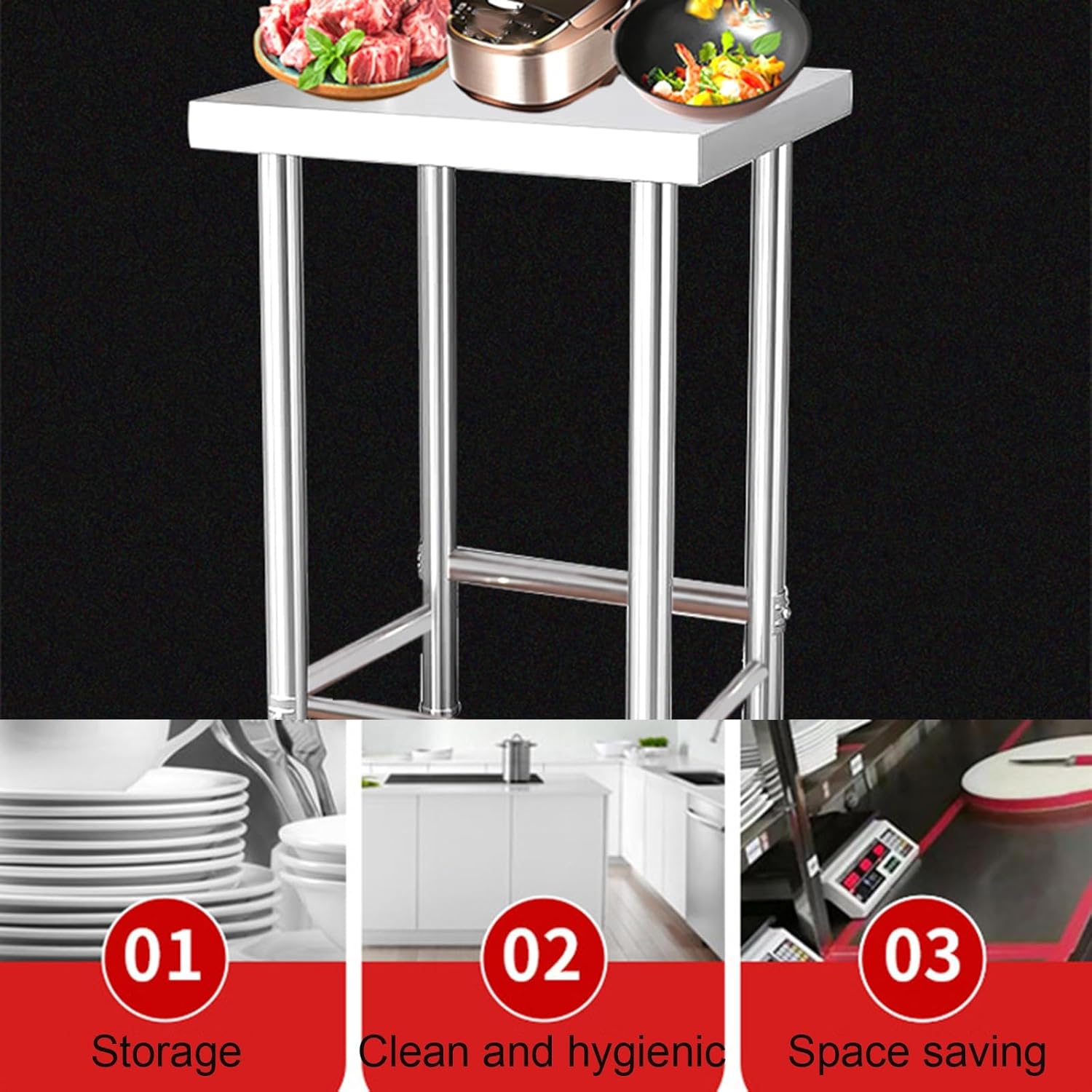 Thickened Stainless Steel Work Table Triangular Support Kitchen Work Tables Commercial Work Prep Table Easy to Clean Heavy Duty Metal Workbench with Adjustable Table Legs(60x50x80cm/23.6x19.7x31.5")