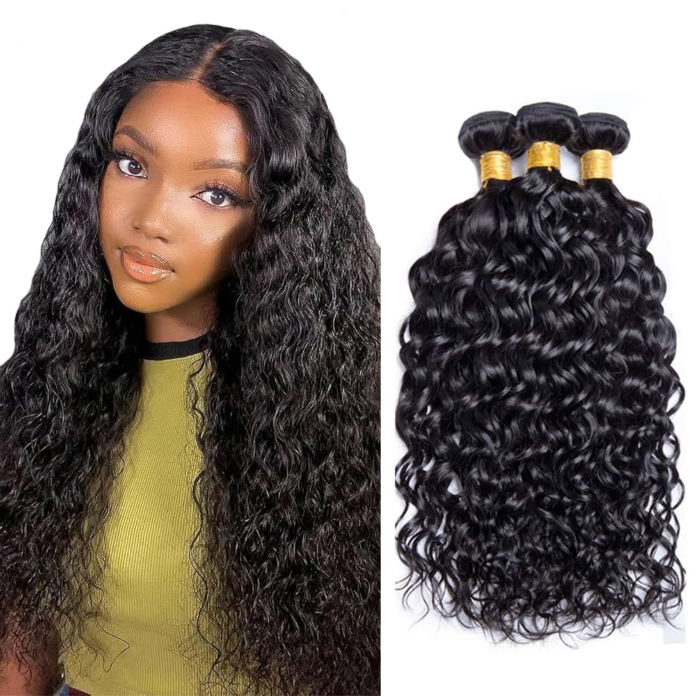 Hxxcoup Water Wave Human Hair Bundles 30 32 34 Inch #1B Natural Black Color Unprocessed Light Weight Tangle Free 3 Bundles Total 300g Human Hair Extensions For Woman