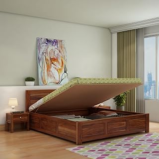 WOODLAB Sheesham Wood King Size Bed With Hydraulic Storage For Bedroom Double Bed For Home Furniture (Natural Finish), 88.9 Cm, 189.23 Cm, 205.74 Cm
