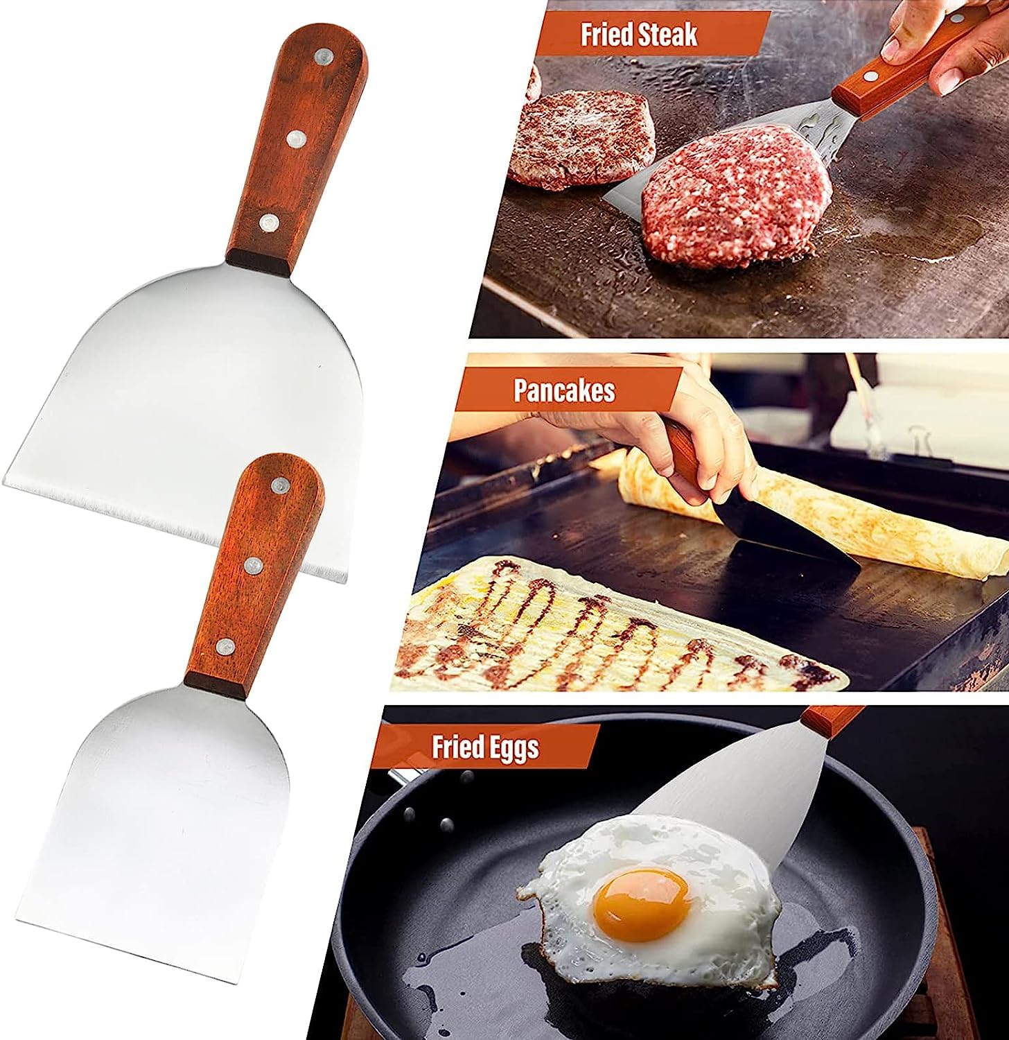 Set di 2 spatole per hamburger, in acciaio inox, spatola con manici in legno, spatola plancha, raschietto professionale, spatola per barbecue teppanyaki, bistecche, pizza