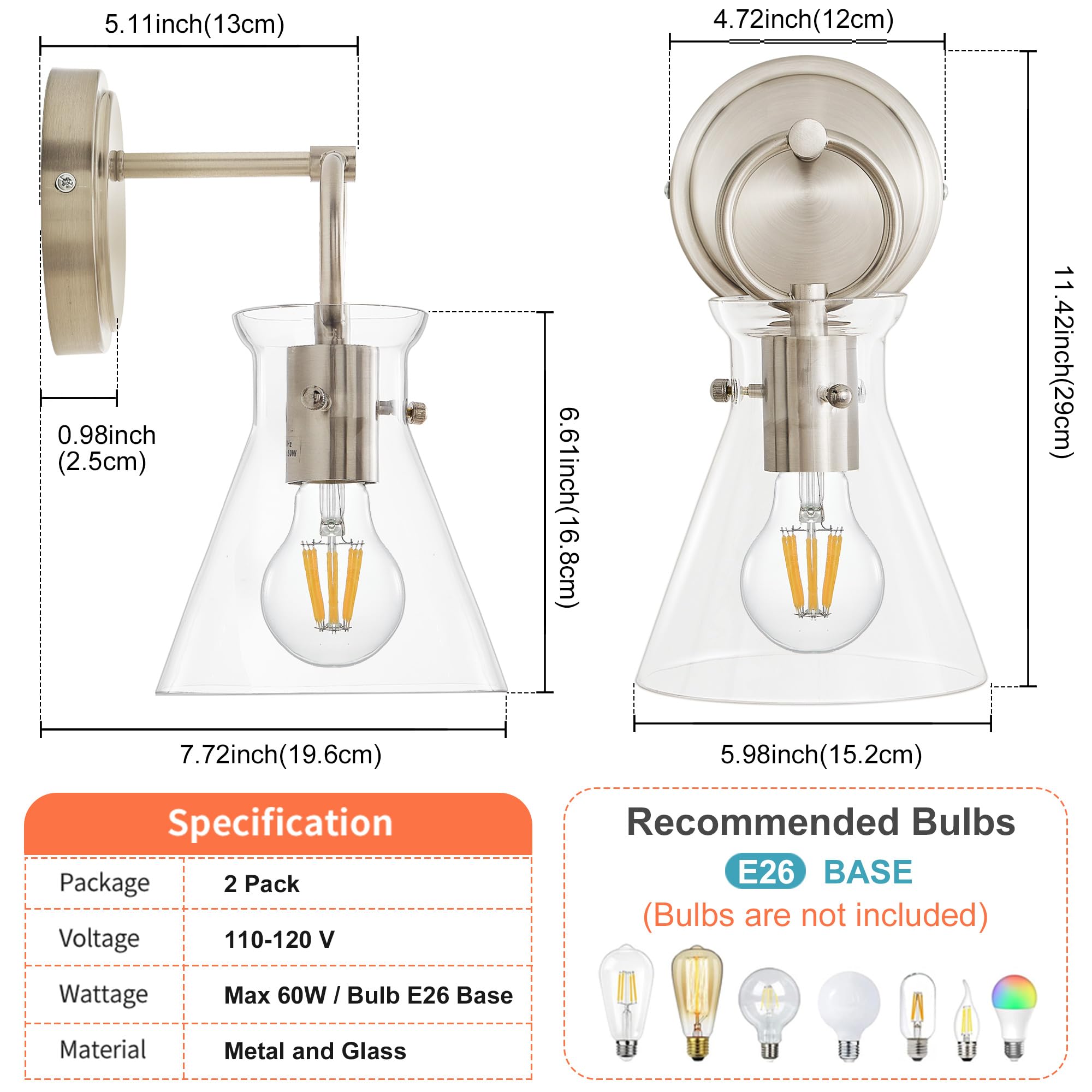 Paquete de 2 apliques de pared modernos para baño, lámpara de iluminación de montaje en pared de níquel cableada con pantalla de vidrio transparente de 6 pulgadas para dormitorio, sala de 7