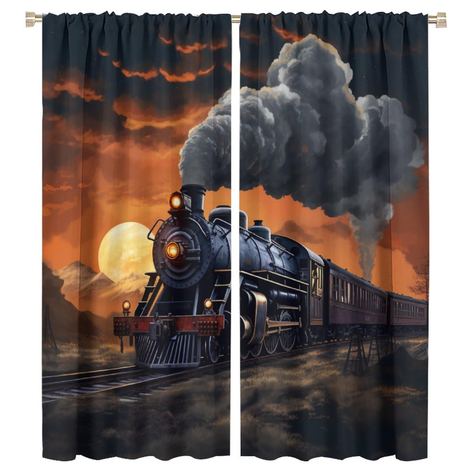 Vintage Train Theme Blackout Curtain, Oil Painting Style Sunset Scenery Driving Antique Last Century Train Aesthetic Landscape Decoration Curtain,