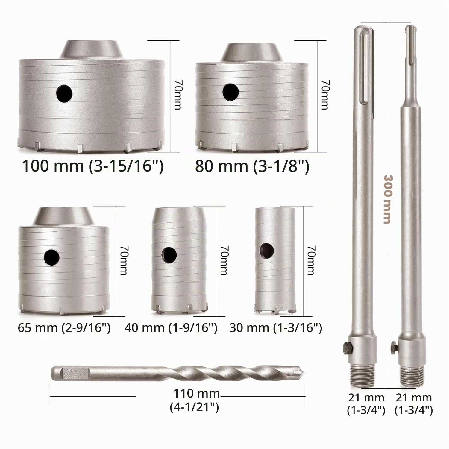 Jeu de 9 Scie Cloche Beton, Foret Beton, TOOSOAR Scie Cloche 100MM/80MM/65MM/40MM/30MM pour Maçonnerie et Béton