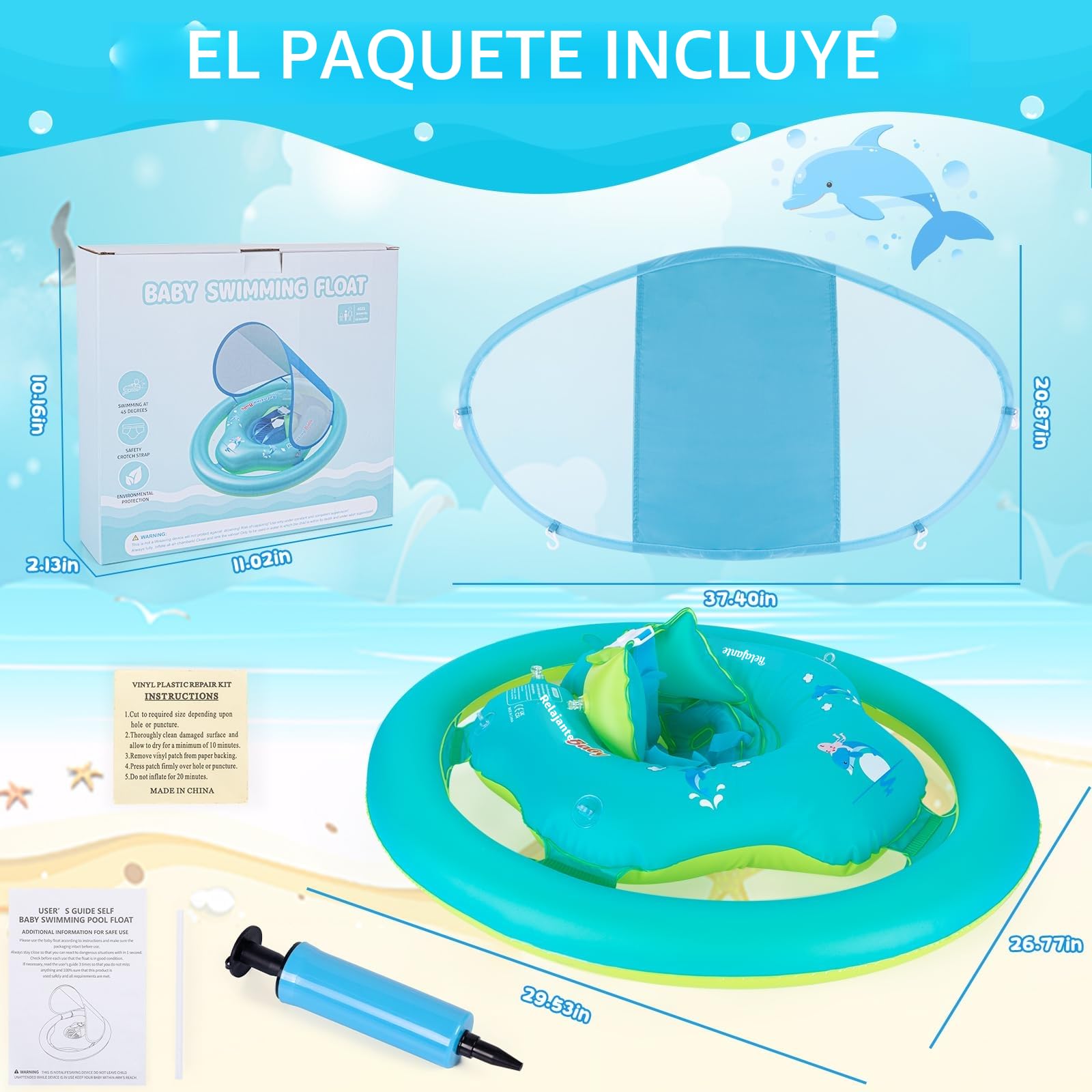 Thedttoy Flotador Bebe para 6-36 Meses, Flotador Bebe con Sombrilla UPF50+ y Asiento de Seguridad Ajustable, Boias Flotadores para Bebes Pequeños, Flotador Inflable para Bebé Niños 1 2 3 Años (Azul)