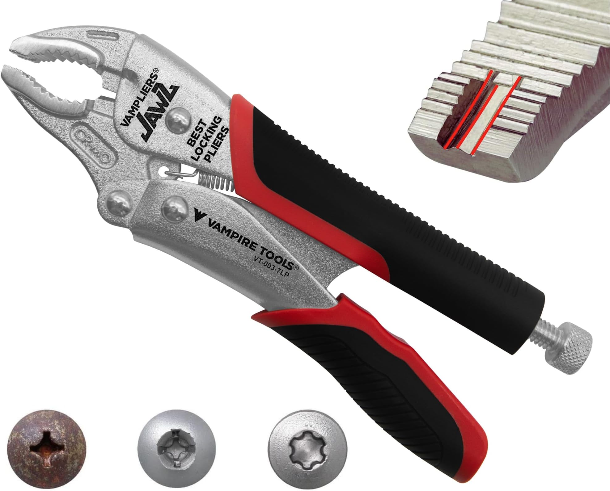 VAMPLIERS 7.5" Vise Grip Heavy Duty Locking Pliers with Screw Extractor Curved Jaws. Professional Grade. Secure Hold, Quick Release. Grip & Remove Stripped/Stuck Screws in seconds.