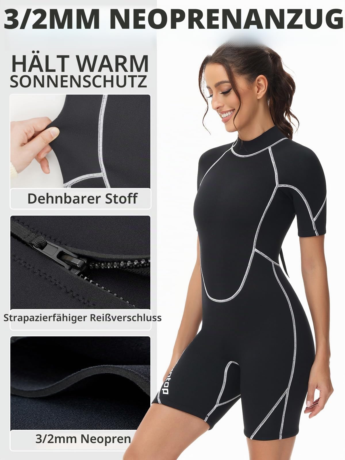 Owntop 3/2mm Shorty Neoprenanzug Damen - Rückenreißverschluss Wetsuit zum Tauchen Surfen, Kurzarm Tauchanzüge Stretch Neopren für Wassersport, Damen Schwarz L