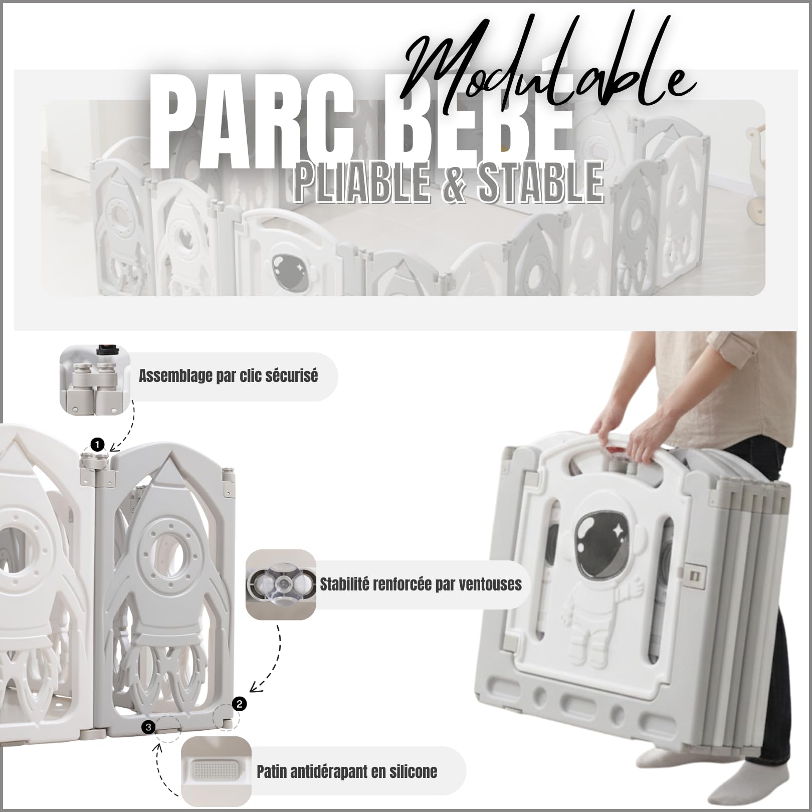 Parc Bébé Modulable 145x145 CM – Entreprise Française - Grand Parc Bébé Pliable Gris et Blanc – Aire de Jeu Sécurisée pour Enfant – Parc Modulable Bébé Évolutif – Parc Facile à Installer