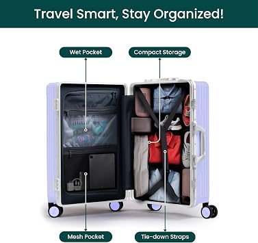Nobl Travel Large Checked Suitcase, Zipperless Aluminum Frame PC Hard Shell | Big Check-in Luggage Bag with 360 Spinner Wheels, TSA Locks, Interior Compression, 30.25x20x12, Lavender