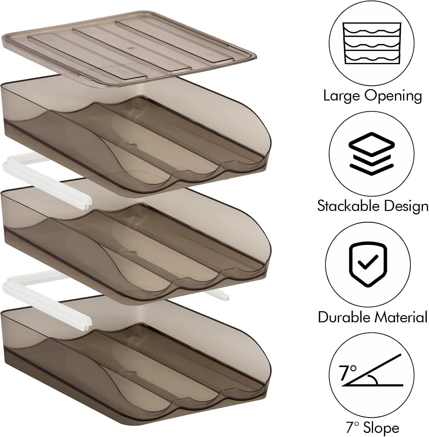 Large Capacity Egg Holder for Refrigerator, Auto Rolling Egg Container with Lid, Stackable Egg Organizer Holds 54 Eggs, 3-Layers, Translucent Brown