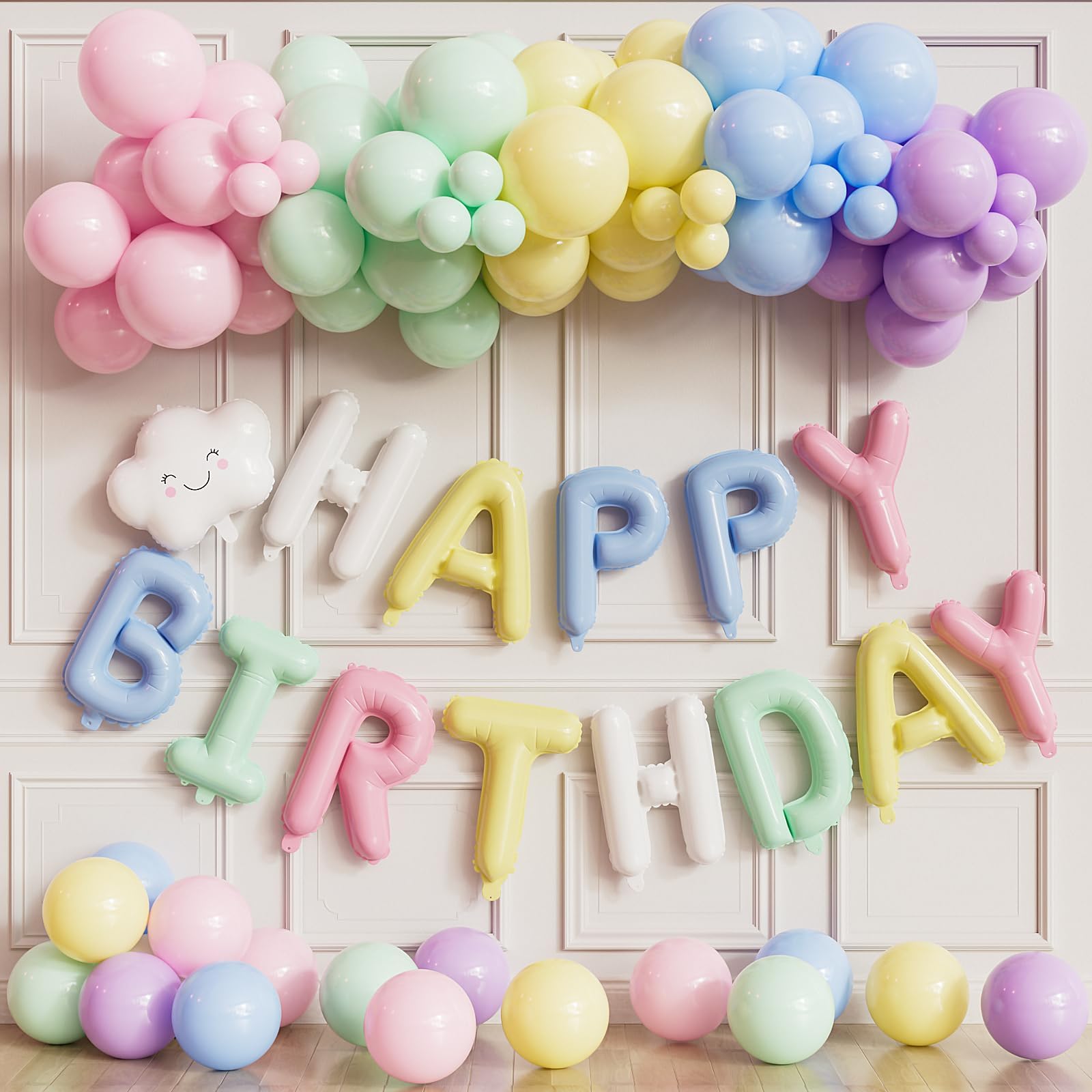 Adeyoo Pastel Birthday Decorations - Pastel Balloons with Happy Birthday Balloon Banner, Colourful Balloons, Cloud Balloon for Women Birth Wedding Bridal Shower Party Decorations (84Pcs)