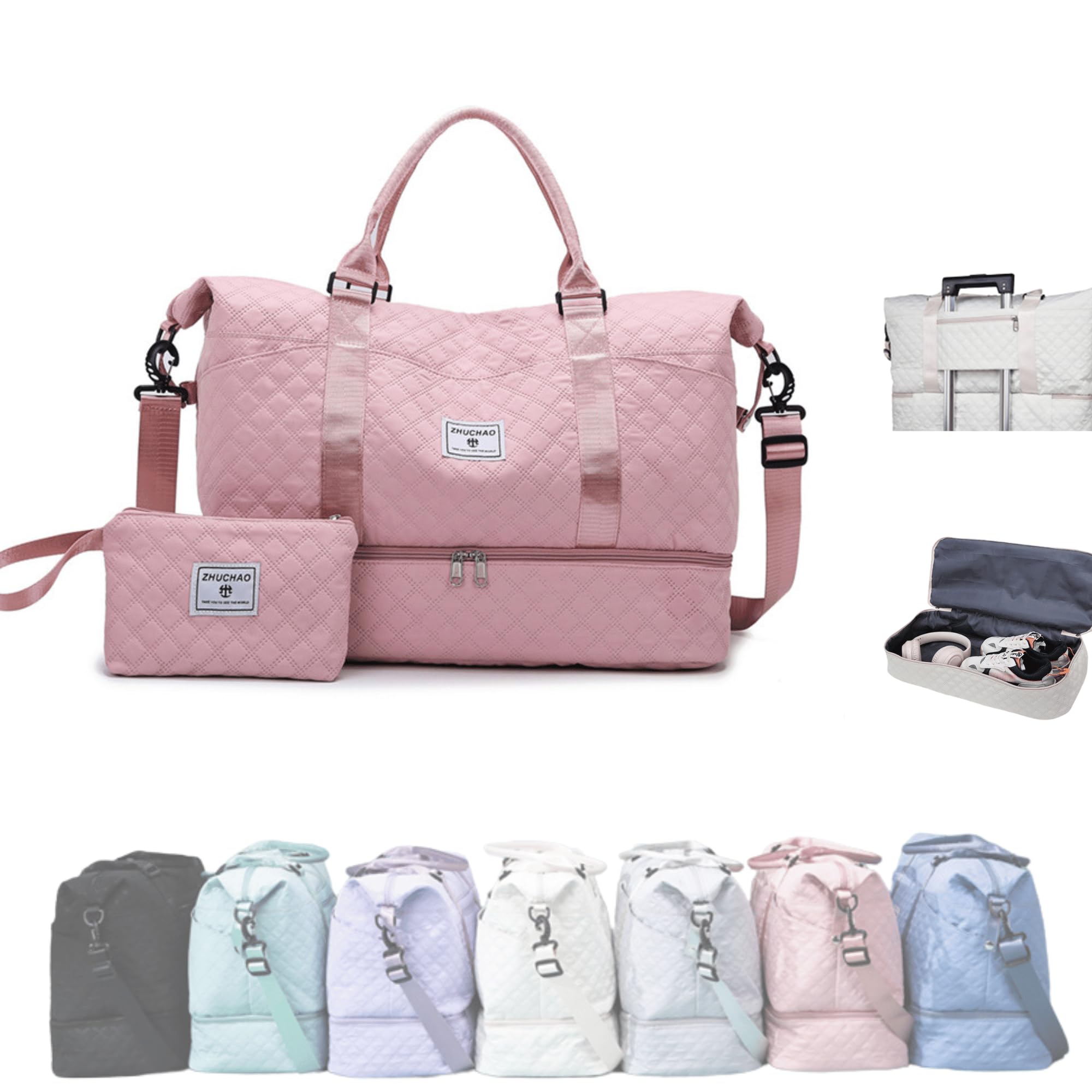 DorleToro Travel Duffle Bag with Shoe Bag, Mommy Hospital Bag, Sports Tote Gym Bag, Shoulder Weekender Overnight Bag for Women (Pink)