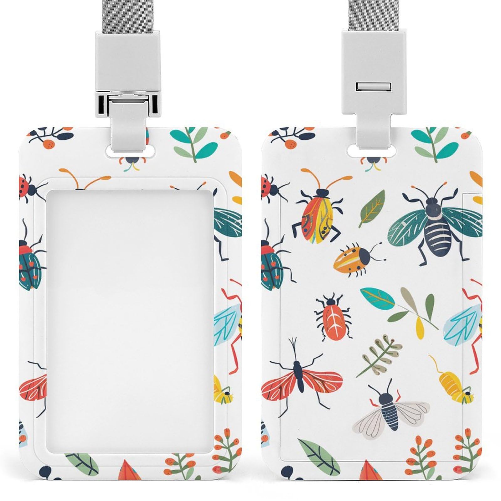 ID Card Holders for Lanyard,Bright Insect Pattern Printed Badge Holder with Clear Window,Plastic Vertical Bus Pass Holders for Work Teacher Nurse Employees Proximity Key Cards Women Men