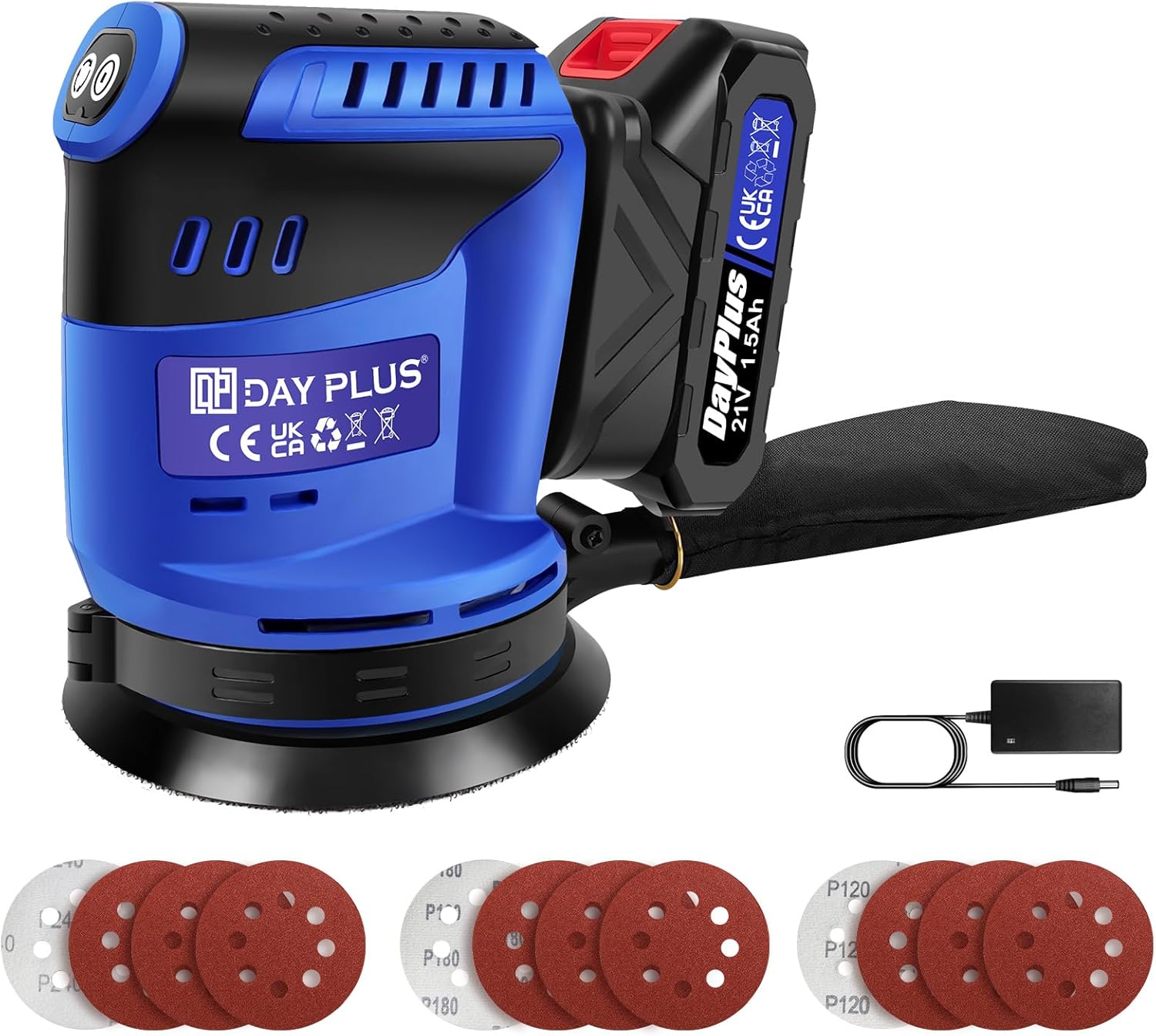 Cordless Random Orbital Sander with Battery, Dust Collector, 1.5Ah Battery, 12Pcs Sandpapers, 21V Electric Sander for Walls and Wood, 360°Rotating Base, 3-Speed Adjustable, Circular Palm Sanders,Blue