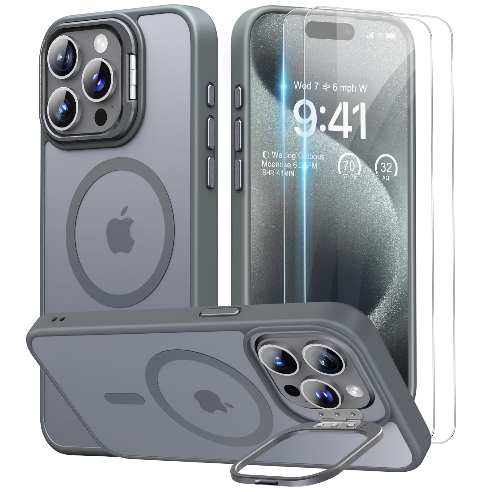 Beeasy for iPhone 15 Pro Case MagSafe Phone Case with 2 Screen Protectors and Stand