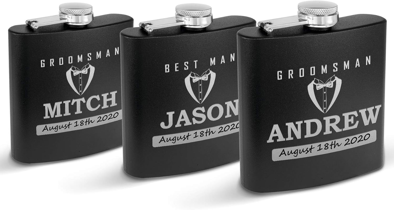 Set of 3 Flask, Groom,Bestman, Groomsman, Stainless Steel Hip Black matt, Personalized Flask,Grooms Gifts,Tuxedo Flask